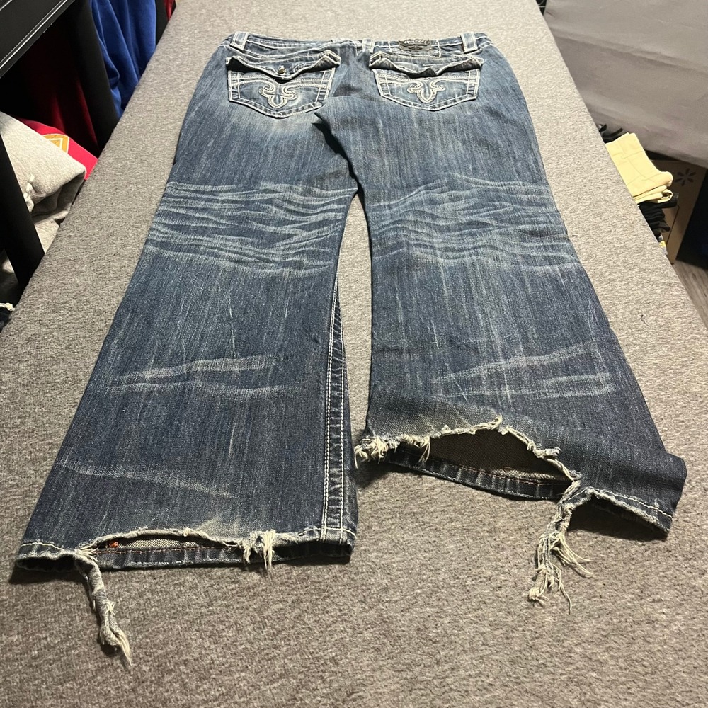 Rock Revival Roger Bootcut Jeans Mens 36x34 Blue Distressed Fleur De Lis Flap